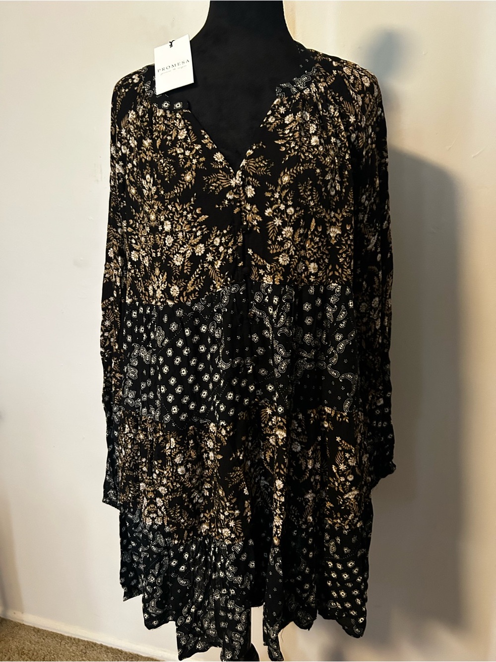 Promesa Black and Beige Floral Mixed-Print Tiered Dress